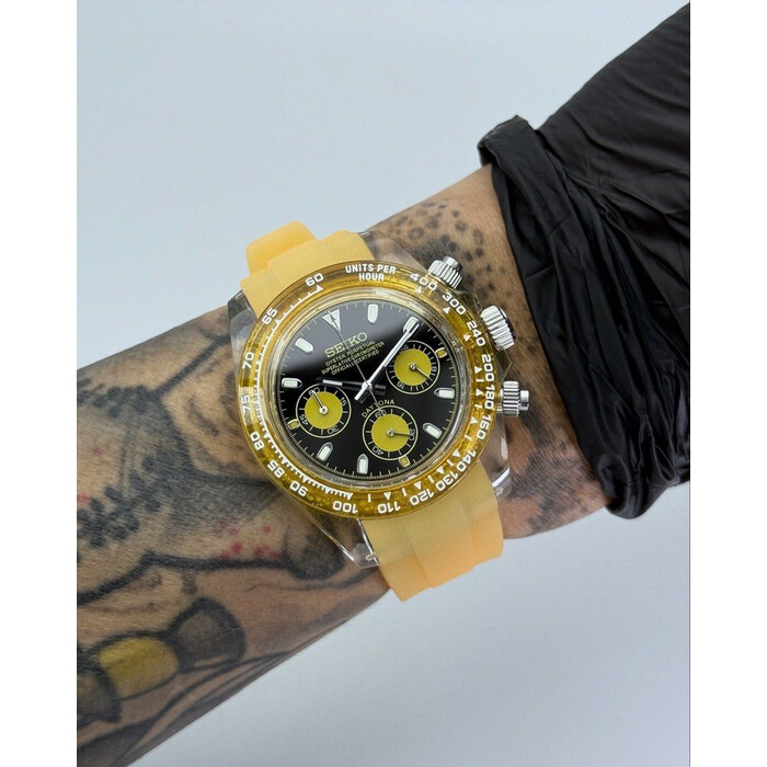Custom Seiko Mod • Black Yellow Clear Plastic Daytona • 39mm
